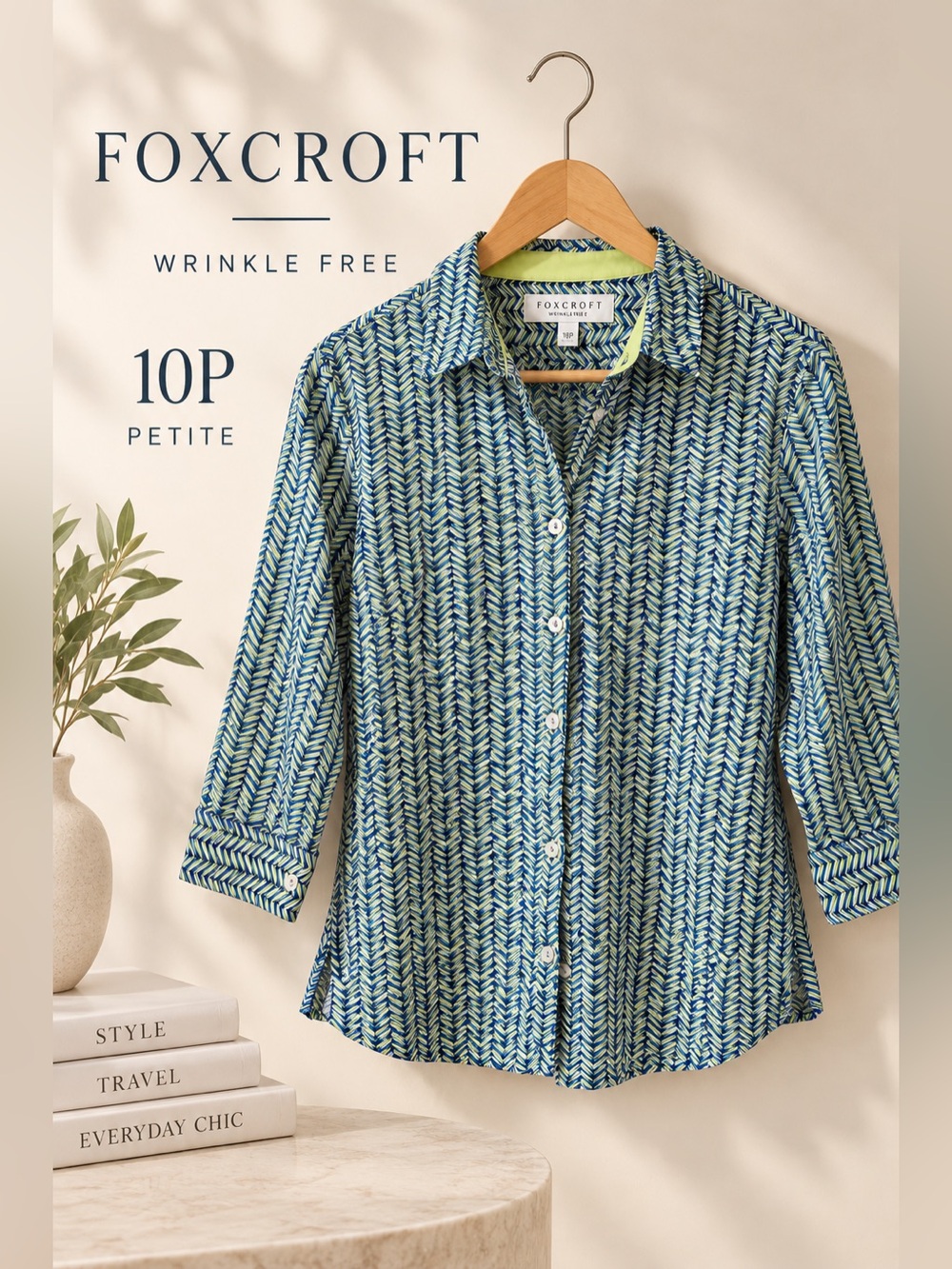 Foxcroft Wrinkle Free Chevron Print Cotton Shirt Blue Green Size 10P